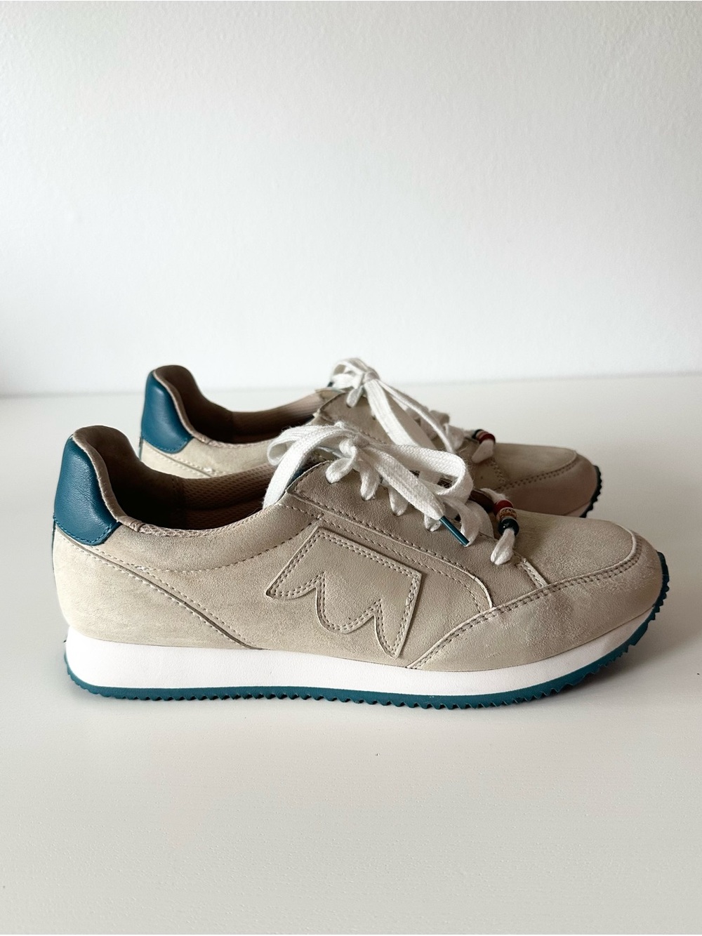 BIRDIES Fupuun Suede Leather Beaded Sneakers Cream Teal Size 8.5